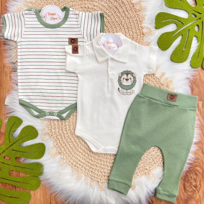 Conj. de Malha 3 peças - Leão com Jubinha - Verde e Off White